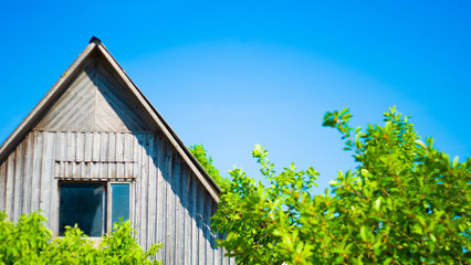 old wooden roof. blurred trees. blue sky. copyspace. countryside ecological concept.