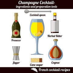 Champagne cocktail. Infographic set of isolated elements on white background.