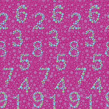 Daltonism color test inspired fun dotted seamless vector pattern with numbers created from dots on pink background. Surface pattern design for fabric, scrapbooking, wallpaper projects.