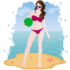 Sports girl on the beach with a volleyball. Vector art