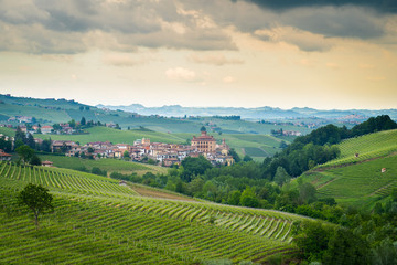 Fototapeta na wymiar View of Barolo town (Piedmont, Italy) panorama, the medieval castle and the vineyards. Barolo is the main village of the Langhe wine region.