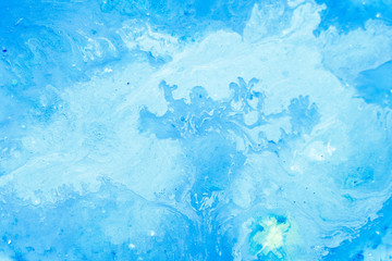 Abstract white blue color background. Acrylic paint mix blend texture pattern. Swirls ripples lines on rough uneven surface.
