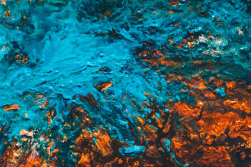 Fototapeta na wymiar Abstract acrylic oil paint background. Red hot ground water splash effect. Modern art painting. Terrain decorative pattern.