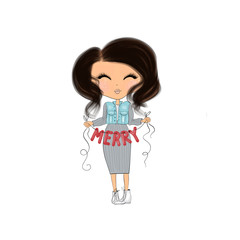 Brunette Hair Girl With The Inscription Merry Isolated On A White Background Hand Drawn Illustration