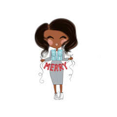 African American Girl With The Inscription Merry Isolated On A White Background Hand Drawn Illustration