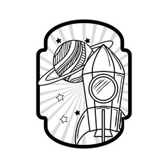 frame with rocket taking off and planets