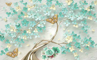 3d wallpaper abstract floral background with green flowers and golden butterfly - obrazy, fototapety, plakaty