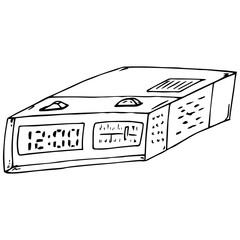 Fototapeta premium Clock with radio. Vector illustration of a digital alarm clock with radio. 12 hours. Hand drawn vector illustration.