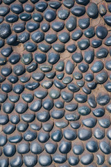 A path of smooth black stones in a japanese garden