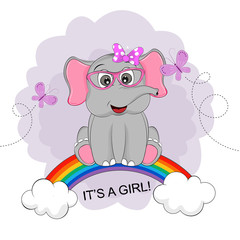 Funny happy cute elephant girl in sunglasses is sitting on a rainbow.