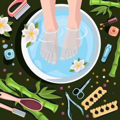 Female feet in bowl with water, top view vector illustration. Spa procedures, pedicure, relax. Beauty salon concept.