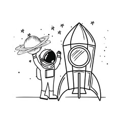 astronaut with spacesuit and rocket in white background