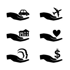 Insurance hand black icons set. Vector Illustration isolated on white.