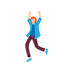 Dancing red hair girl in blue jacket with hands up
