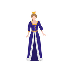 Cute medieval princess with gold crown and long blue dress