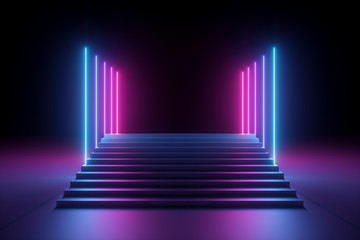 3d render, abstract pink blue neon background, ultraviolet glowing vertical lines, illuminated stairs, fashion podium, performance stage