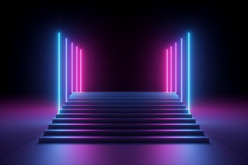 3d render, abstract pink blue neon background, ultraviolet glowing vertical lines, illuminated stairs, fashion podium, performance stage