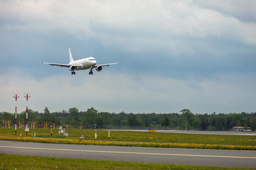 Fototapeta na wymiar white passenger plane lands at the airport