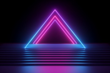 3d render, abstract neon background, music performance stage, glowing pyramid shape above empty fashion podium, stairs, triangular shape, ultraviolet spectrum, pink blue laser show