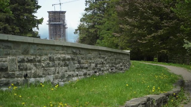 Stone wall along walking nature walking path in Ontario, Canada