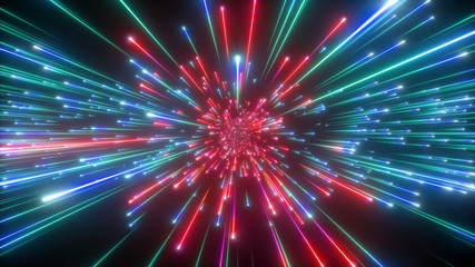 3d render, big bang, galaxy expanding, abstract cosmic background, celestial, beauty of universe, speed of light, red green fireworks, neon glow, stars, cosmos, ultraviolet infrared light, outer space