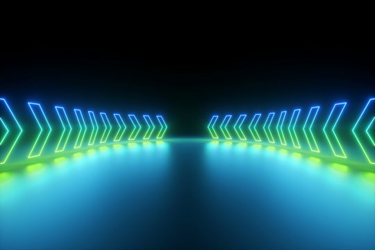 3d Render, Blue Green Glowing Neon Arrows Going Forward, Abstract Background, Direction Concept