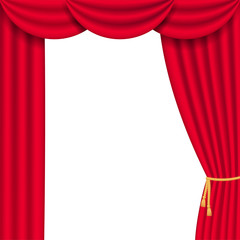 Red realistic vector curtains on white background.