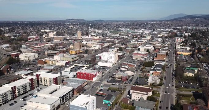 Aerial view Sahome to the Business District downtown city center core of Bellingham Washington