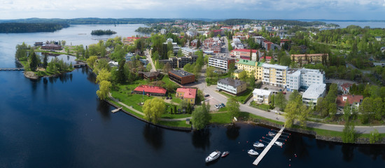 Beautiful aerial panorama of Savonlinna city. Sunny summer day, Finland. 