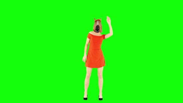 Goofy Girl Dancing in Sexy Dress and Horse Head Mask Green Screen