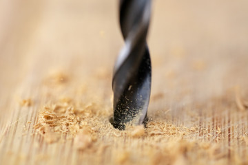 Close up of drill that pierces the wood. sawdust flies away