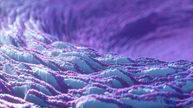 Abstract wave displacement surface. Abstract planet surface. Noise texture makes a highs and lows surface details. Blue pink spectrum. Seamless loop 4k 3d render