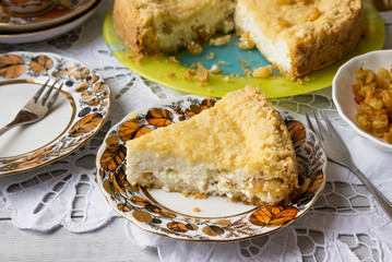 A piece of pie with cottage cheese.