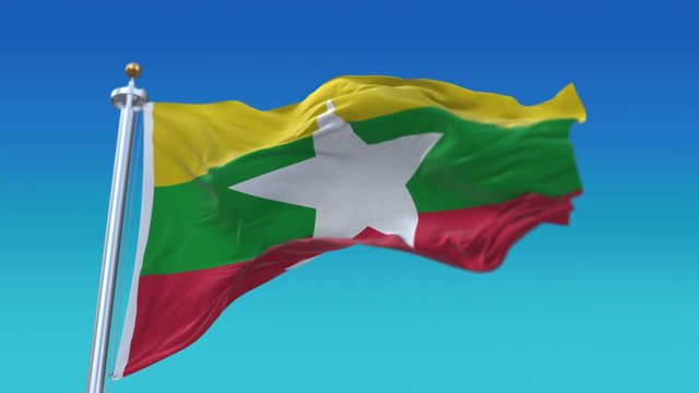 4k Seamless Myanmar flag with flagpole waving in wind;fully digital rendering;The animation loops at 20 seconds;flag 3D animation.