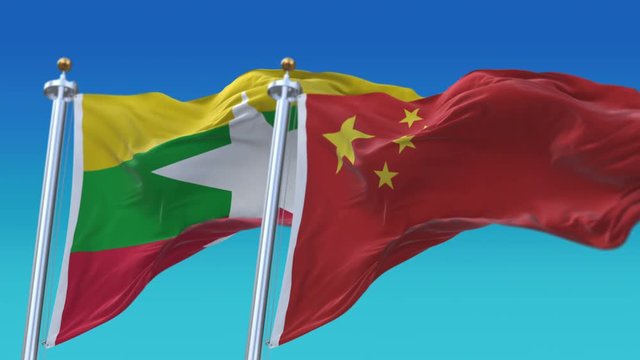 4k Seamless Myanmar and China Flags with blue sky background;A fully digital rendering;The animation loops at 20 seconds;MYA CN.