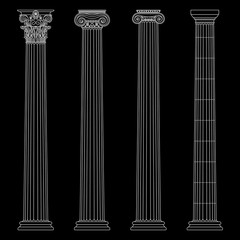 A set of antique Greek and historical columns with Ionic, Doric and Corinthian capitals Vector line illustration.