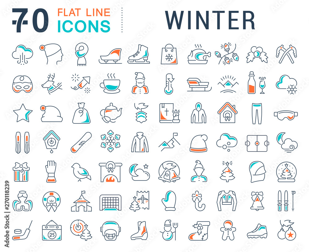 Poster set vector line icons of winter