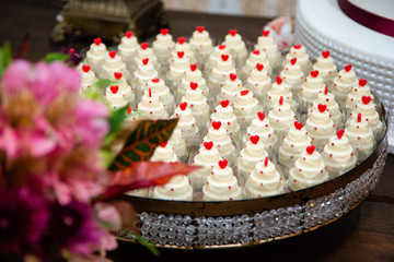Sweet table at wedding party. Various sweets.