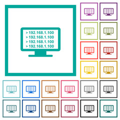 Ping remote computer flat color icons with quadrant frames