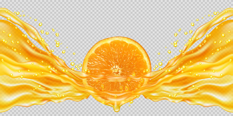 Orange juice and fruit. Transparent orange juice splash. Horizontal seamless pattern. The right and left sides of the illustration seamlessly fit together. Realistic vector illustration.