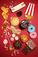 Unhealthy products. food bad for figure, skin, heart and teeth.