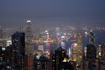 Fototapeta na wymiar Hong Kong, Apirl 17, 2019, View of the city and the bay at Victoria Peak, Hong Kong.