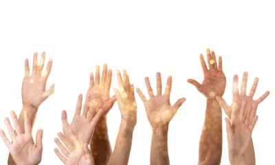 Set of raised hands, isolated on white
