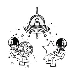 silhouette of astronaut and alien spacecraft in space