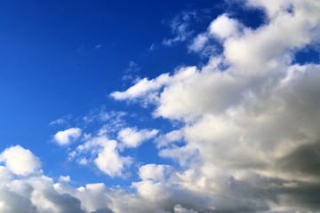 Beautiful white fluffy cloud formations on a blue sky taken in spring