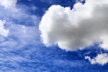 Beautiful white fluffy cloud formations on a blue sky taken in spring