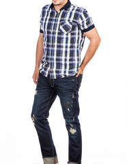 Naklejka premium Fashion clothes, short sleeve shirt and jeans mens photos made in white background