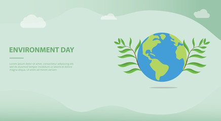 environment day concept with big earth and green plant with team people and words for website template or landing homepage banner - vector