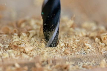 Close up of drill that pierces the wood. sawdust flies away