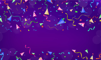 Obraz premium Celebration. Vector serpentine, confetti and party hat on colourful background. Vector